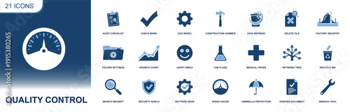 Quality control icon set. Containing audit checklist, check mark, inspection, settings, data refresh, growth chart, lab test, safety shield, verified document, recycle, and more. Solid fill vector ico
