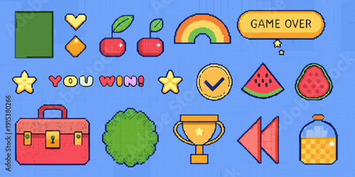 Colorful pixel art icons depicting game elements and rewards