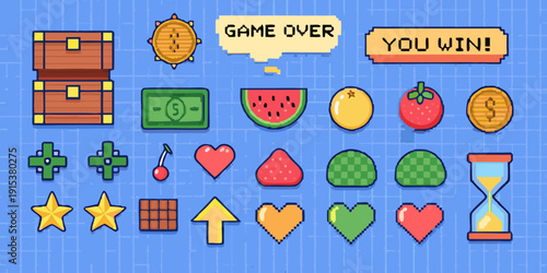 Pixel art game assets including treasure fruits and power ups displayed