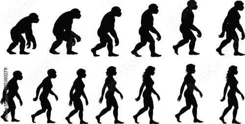 Human evolution silhouette sequence from ape to modern man and woman isolated on white background vector illustration set