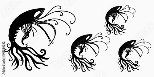 Bild auf Leinwand Four abstract black and white illustrations of shrimp-like creatures with swirli