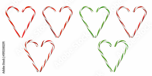 Collection of colorful candy canes shaped like hearts on a white background