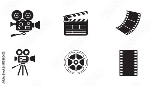 Set of cinema icons with film camera, clapperboard, and film reel for visual communication design