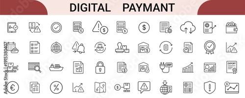 Digital Payment Icon Set for Mobile Wallet, Online Banking and Cashless Transaction App Interface Design