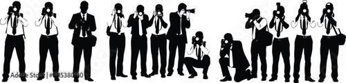 Photographer silhouettes group with cameras taking pictures professional media paparazzi vector illustration isolated collection set
