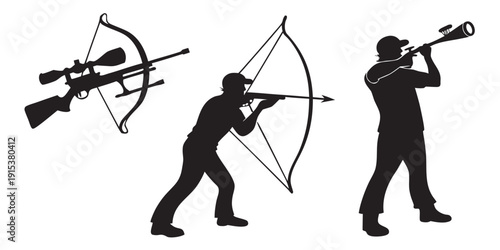 Three figures demonstrating different methods of hunting with archery and firearms. Vector