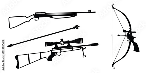 A variety of hunting weapons including rifles, a shotgun, and a bow and arrow. Vector
