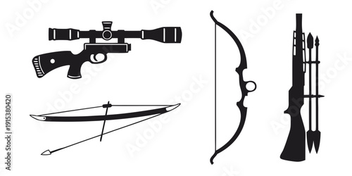 A collection of various hunting weapons including rifles, bows, and crossbows. Vector