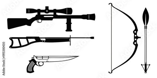 A collection of historical weapons including a rifle, sword, pistol, and bow Vector