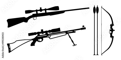 Assorted hunting weapons including rifles and a bow with arrows Vector