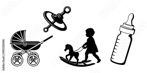 Illustrations of baby items and toys including a stroller and a horse rocker Vector