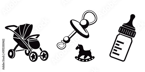 Assorted baby items including stroller, shoes, pacifier, and bottle. Vector