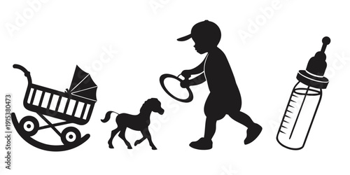 Silhouette of a person pushing a baby stroller with a dog and a baby bottle Vector