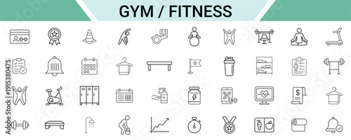 Gym and Fitness Icon Set for Workout Training, Healthy Lifestyle and Sports App Interface Design