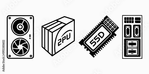 Illustration of computer hardware components including a cpu cooler, power supply, ssd, and ram. Vector