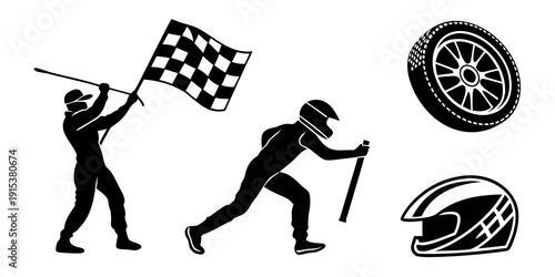 Black and white icons representing racing and victory themes with people and equipment. Vector