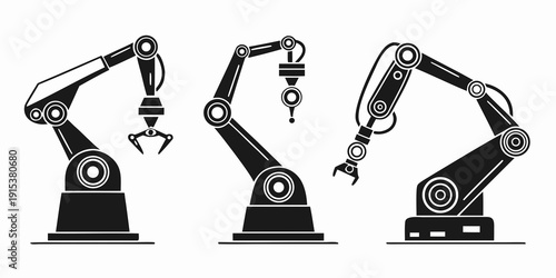 Three industrial robots performing different tasks in a manufacturing setting Vector