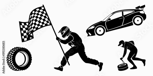A dramatic scene of a race car accident with a fallen racer and a checkered flag. Vector