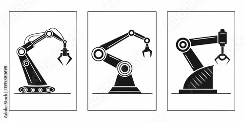 Three industrial robots performing various tasks in a manufacturing environment Vector