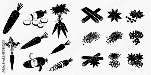 Set of black silhouettes of carrots, cinnamon sticks, and star anise on a transparent background.