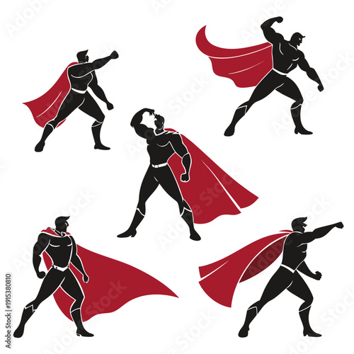 Group of superheroes in dynamic poses with capes flying in the wind Vector