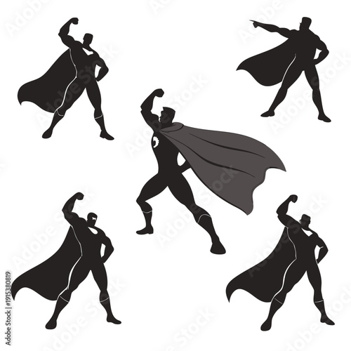 Group of five superheroes in dynamic poses with capes flying in the wind Vector