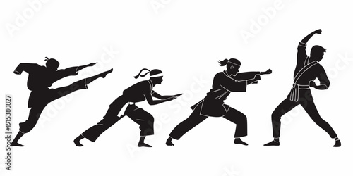 Silhouettes of martial artists performing various kicks and stances Vector