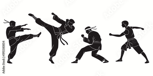 Four people performing different martial arts moves in a sequence Vector