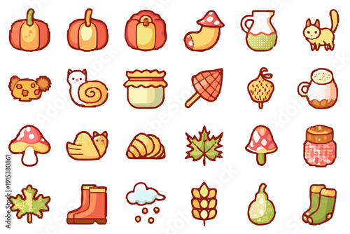 A colorful collection of autumn themed icons on a black background