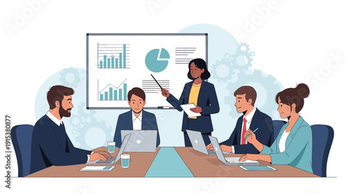Diverse business team holds a productive meeting in the office to discuss performance charts and data on a whiteboard.