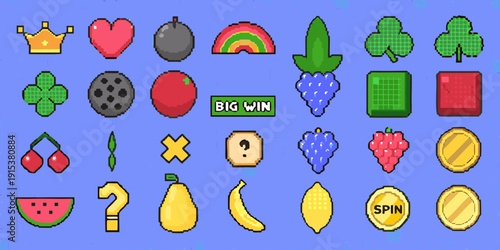 Colorful pixel art icons representing fruit symbols and slot machine elements