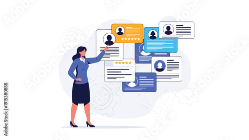 Human resources professional selects best candidates from a group of profile cards with star ratings on a digital board.