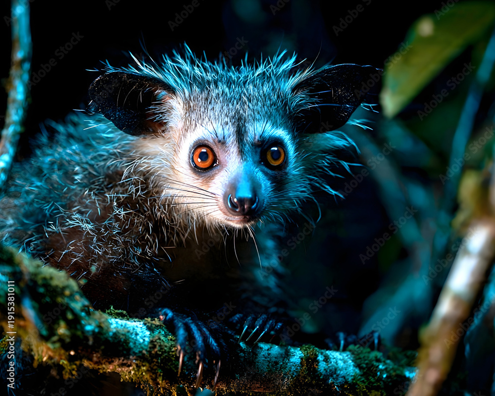 Naklejka premium Adorable aye-aye lemur perched on tree branch in dark forest at night