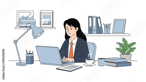Businesswoman in a professional suit works diligently at her office desk using a laptop and drinking a cup of coffee.