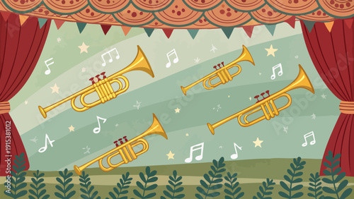 Vibrant trumpets performing on festive stage with musical notes