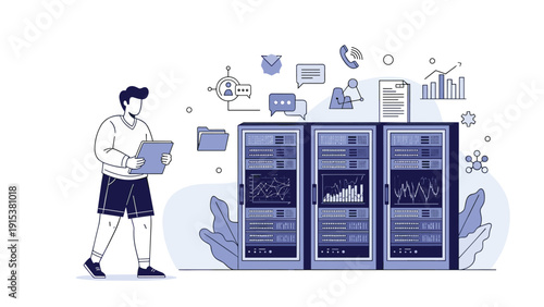 Male IT technician monitors data center health by walking through server racks with a digital tablet for maintenance.