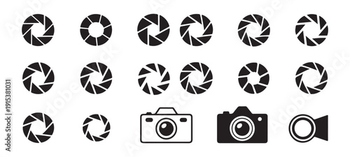Camera aperture lens diaphragm symbols icons set for photography and videography abstract vector illustration