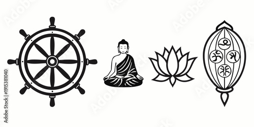 Symbols of navigation, meditation, and nature's essence depicted in a harmonious composition. Vector