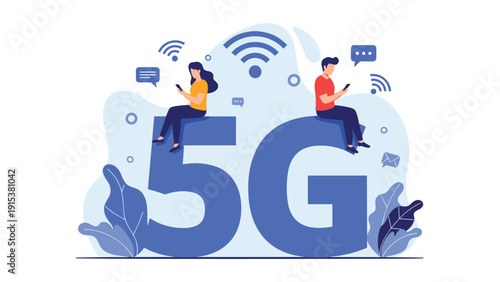 Young people sitting on giant 5G letters using their smartphones to demonstrate high speed wireless connectivity.
