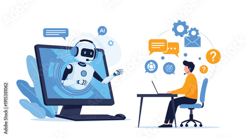 Man communicates with a digital robot assistant through his computer screen to solve technical problems using AI.