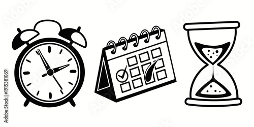 Various time-related items including an alarm clock, calendar, and hourglass Vector