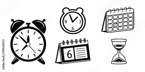 A collection of various time-related icons including an alarm clock, hourglass, and calendar. Vector