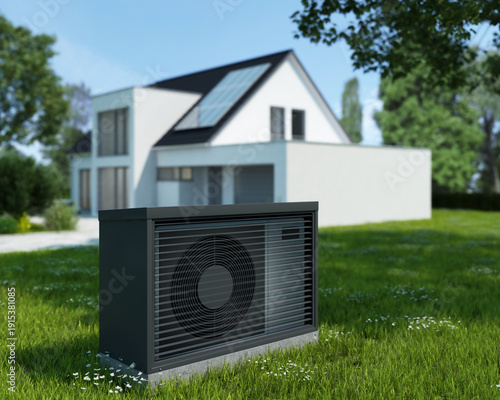 Wärmepumpe im Vordergrund eines modernen Hauses mit einem unscharfen Hintergrund