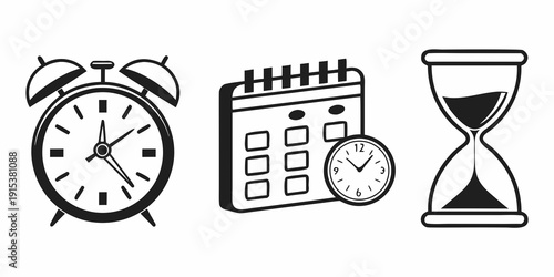 Assorted timekeeping devices including an alarm clock, calendar, clock, and hourglass Vector
