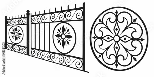 Intricate wrought iron fence with a decorative circular design on the right side. Vector