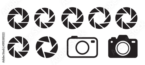 Camera aperture lens diaphragm symbols icons set for photography and videography abstract vector illustration