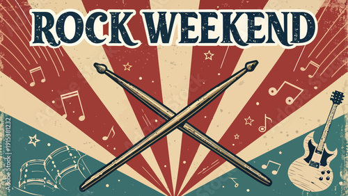 Vibrant rock weekend poster with guitar and drumsticks