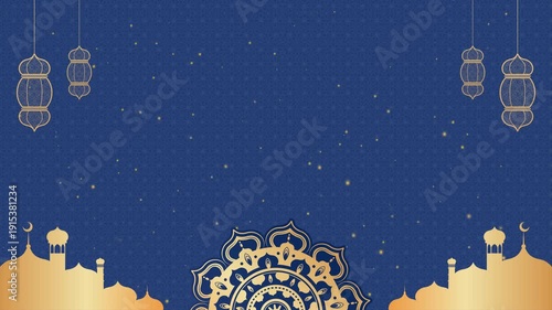 Elegant Islamic Ramadan backdrop with navy blue tones, gold mandala pattern, and subtle shimmer highlights