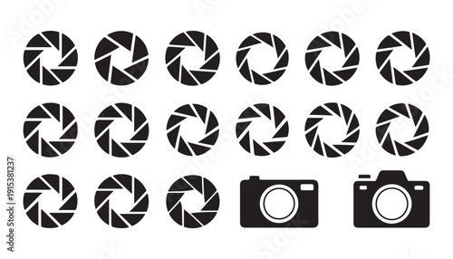 Camera aperture lens diaphragm symbols icons set for photography and videography abstract vector illustration