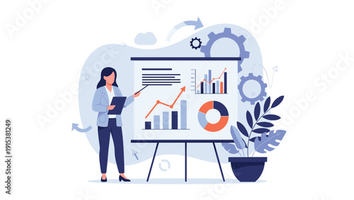 Professional woman delivers an insightful business presentation pointing at a board filled with charts and data.